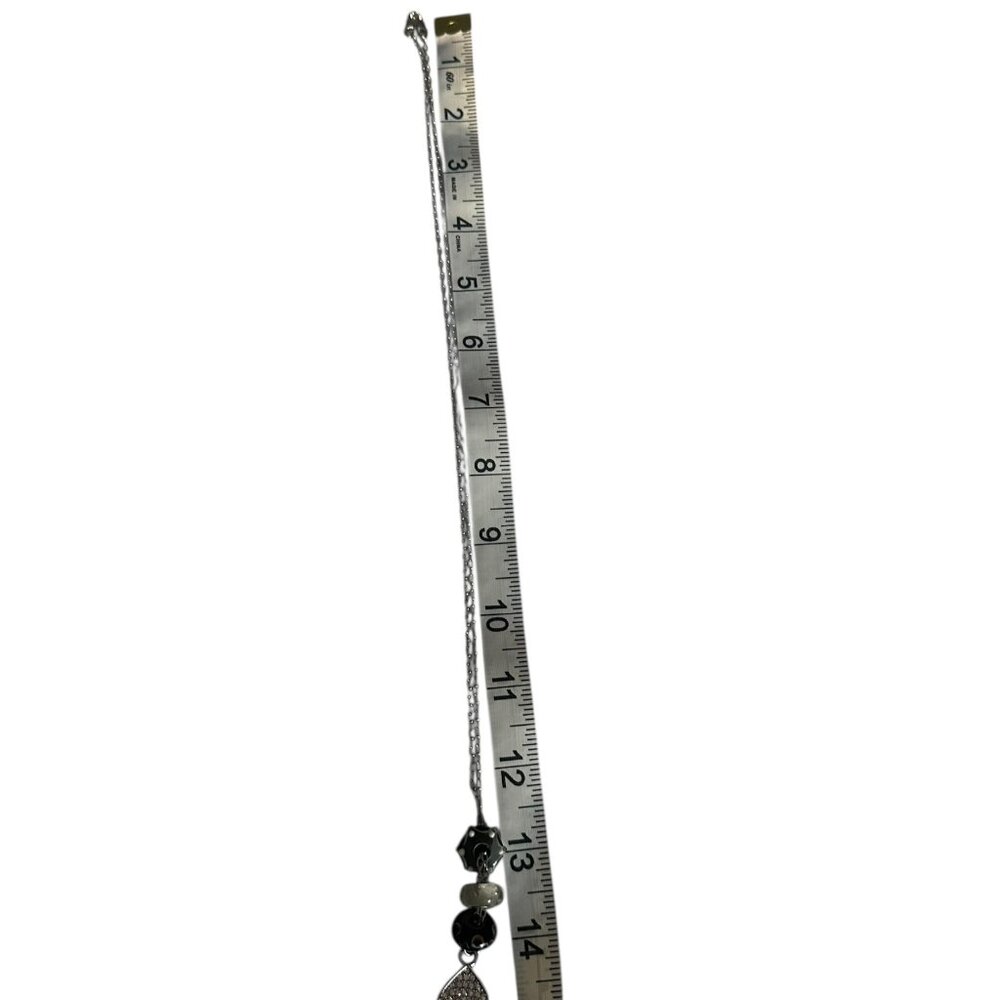 Silver Tone Fleur De Lis Rhinestone Pendant Necklace Black Bead Accents - Picture 4 of 5